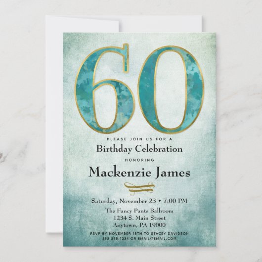 60e anniversaire Invitation Turquoise Blue Gold Ad (Devant)