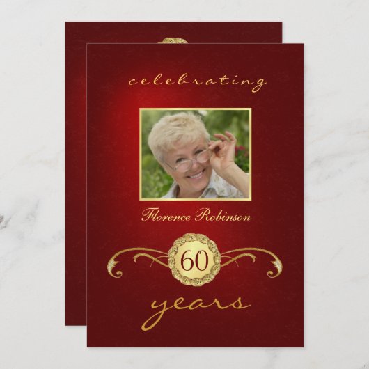 60e anniversaire Invitations - Monogramme rouge et (Devant / Derrière)