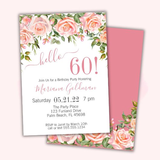 60e anniversaire Invitations Pink Floral Modern Pa