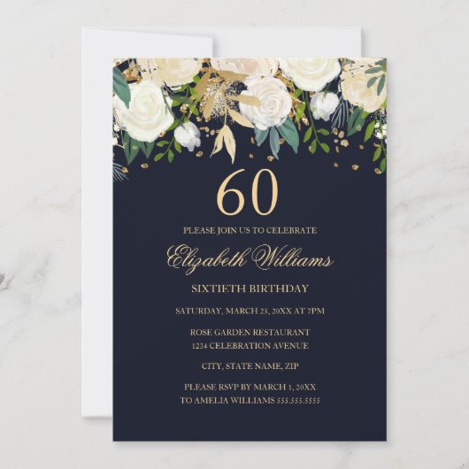 60e anniversaire Marine Gold Floral Invitation (Devant)