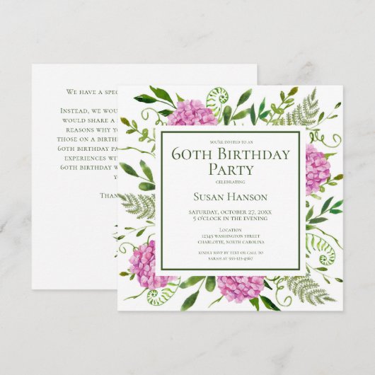 60e anniversaire Pink Hydrangeas demande de carte (Devant / Derrière)