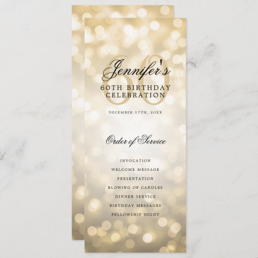 60e Anniversaire Programme Gold Bokeh Menu+Merci (Devant / Derrière)