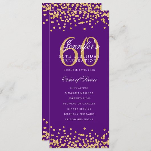 60e Anniversaire Programme Gold Confetti Menu Purp (Devant / Derrière)