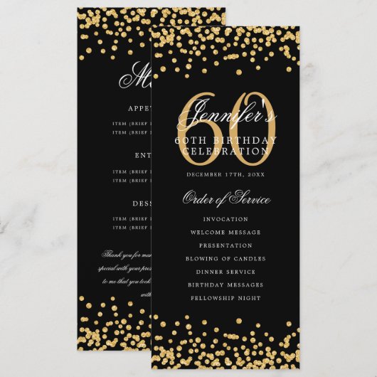 60e Anniversaire Programme Menu Merci Gold Confett (Devant / Derrière)
