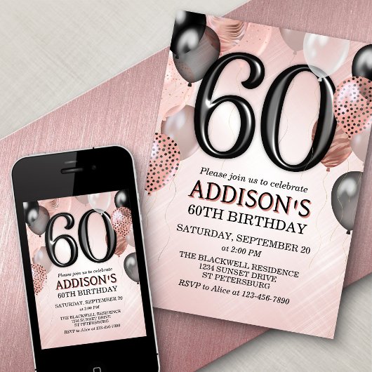 60e anniversaire Rose Gold Ballons Invitation