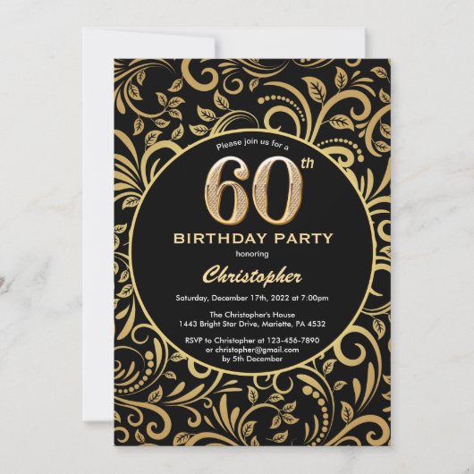 60e Birthday Black en Gold Floral Pattern Kaart (Voorkant)
