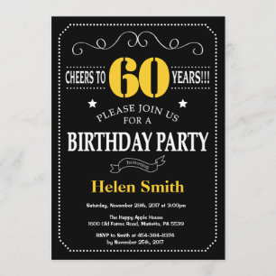 60e Birthday Black en Yellow Chalkboard Kaart