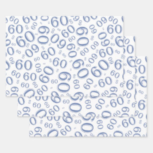 60e Birthday Blue/White Random Number Pattern 60 Inpakpapier Vel