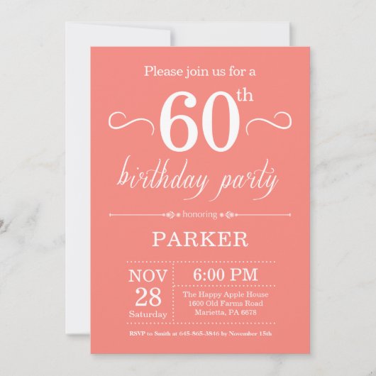 60e Birthday Invitation Coral Kaart (Voorkant)