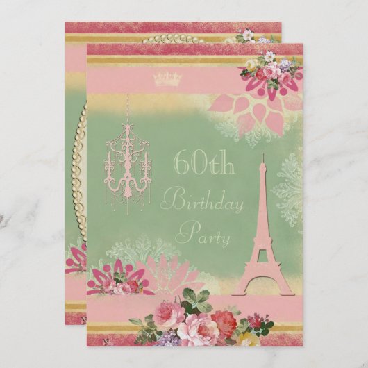 60e Birthday Pink Eiffel Tower en Chandelier Kaart (Voorkant / Achterkant)