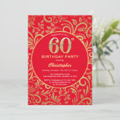 60e Birthday Red en Gold Floral Pattern Kaart (Staand voorkant)