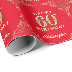 60e Birthday Red en Gold Glitter Lijst Cadeaupapier