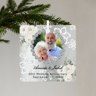 60e bruiloft Jubileum zilveren foto bloemen kant Metalen Ornament