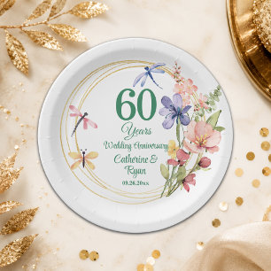 60e Diamanten Bruiloft Jubileum Gouden Kader Bloem Papieren Bordje
