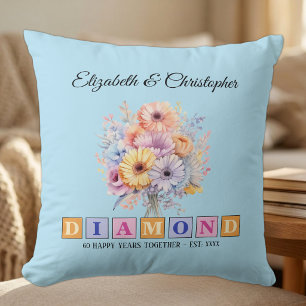 60e diamanten huwelijksjubileum bloem blauw kussen