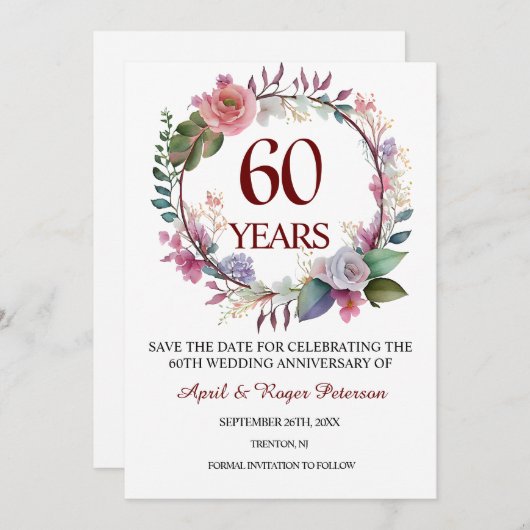 60e Diamond Wedding Jubileum Bloemen Save The Date (Voorkant / Achterkant)