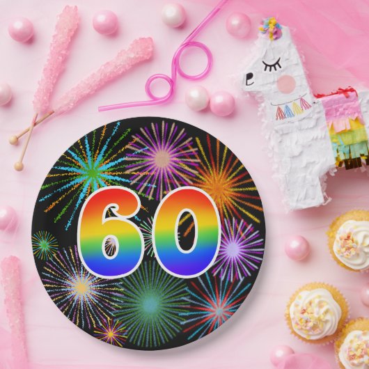 60e Evenement - Leuk, Kleurrijk, Vet, Regenboog 60 Papieren Bordje (Feest)