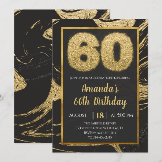 60e Gold Marble Birthday Invitation Kaart (Voorkant / Achterkant)