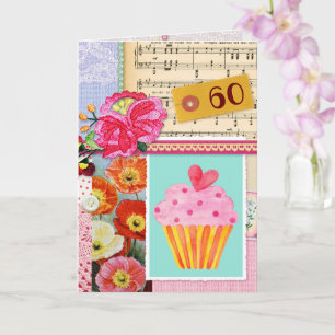 60e Happy Birthday Collage scrapbook cupcake Kaart