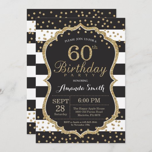 60e Invitation d'anniversaire. Parties scintillant (Devant / Derrière)