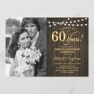 60e Jubileum met foto - Rustic Wood Gold Kaart