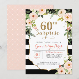 60e Surprise Black White Stripe Floral Birthday Kaart