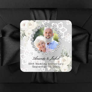 60e trouwjubileum zilveren foto bloemen kant vierkante sticker