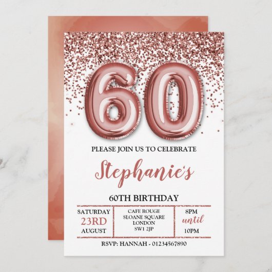 60e uitnodiging, roze gouden uitnodiging (Voorkant / Achterkant)