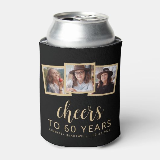 60e Verjaardag 3-Foto Zwart Goud Script Cheers Blikjeskoeler (Blikje Voorkant)