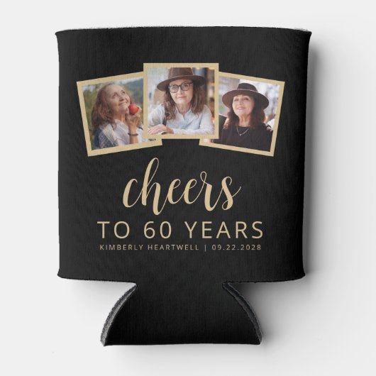60e Verjaardag 3-Foto Zwart Goud Script Cheers Blikjeskoeler (Voorkant)