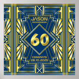 60e verjaardag Art Deco Gold Blue Great Gatsby Poster