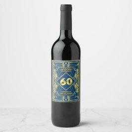 60e verjaardag Art Deco Gold Blue Great Gatsby Wijn Etiket
