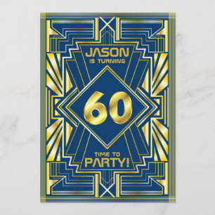 60e Verjaardag Art Deco Goud Blauw Great Gatsby Kaart