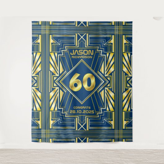 60e verjaardag Art Deco Goud Blauw Great Gatsby Wandkleed (Voorkant)
