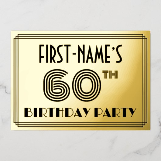 60e verjaardag — Art Deco Style "60" en naam Folie Uitnodiging (Voorkant)