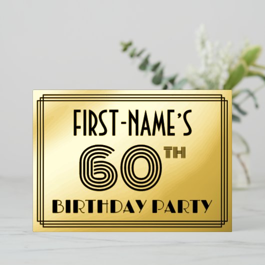 60e verjaardag — Art Deco Style "60" en naam Folie Uitnodiging (Staand Voorkant)