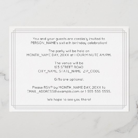 60e verjaardag — Art Deco Style "60" + Naam Folie Uitnodiging (Achterkant)