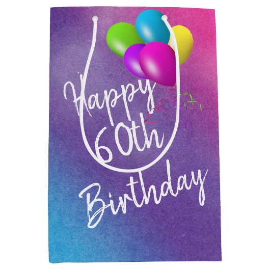 60e verjaardag ballonnen op regenboogfornuis medium cadeauzakje (Voorkant)