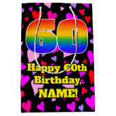 60e verjaardag: Beeldende harten patroon, regenboo Medium Cadeauzakje (Voorkant)