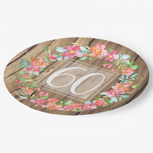60e verjaardag, bijtende waterverf bloemen papieren bordje (Gekanteld)