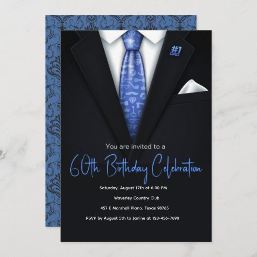 60e verjaardag Blauw en zwart Tuxedo uitnodiging (Voorkant / Achterkant)
