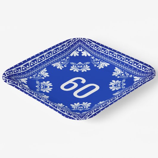 60e verjaardag Blauwe Bandaanpapieren Borden Papieren Bordje (Gebogen)