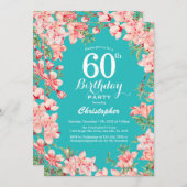 60e verjaardag Blauwgroen achtergrond roze bloemen Kaart (Voorkant / Achterkant)