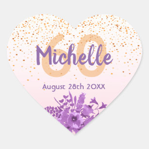 60e verjaardag bloedig roos gouden paarse bloem hart sticker