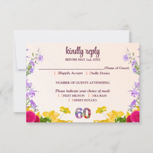 60e verjaardag Bloemen Modern 60 jaar feest elegan RSVP Kaartje (Voorkant)