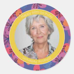 60e verjaardag bloemisterij blauw kleurrijk elegan ronde sticker