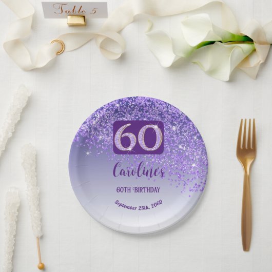 60e verjaardag Chic Falling Paarse Glitter Papieren Bordje (Huwelijk)