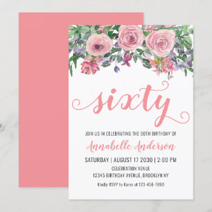 60e verjaardag Elegant Floral Blush Pink Waterverf Kaart