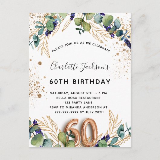 60e verjaardag eucalyptus greenery glitter elegant uitnodiging briefkaart (Voorkant)