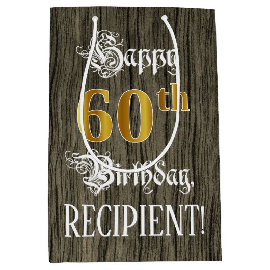 60e verjaardag: Faux Gold look & Faux Wood Pattern Medium Cadeauzakje (Voorkant)